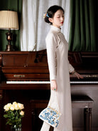 Warm beige long sleeve qipao with lace trim and vintage faux-cashmere fabric