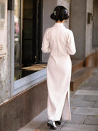 Warm beige long sleeve qipao with lace trim and vintage faux-cashmere fabric
