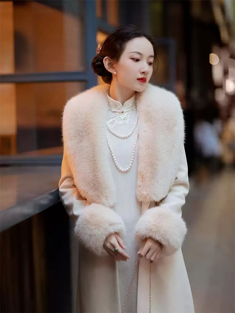 Warm beige long sleeve qipao with lace trim and vintage faux-cashmere fabric