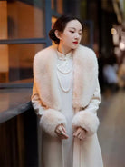 Warm beige long sleeve qipao with lace trim and vintage faux-cashmere fabric
