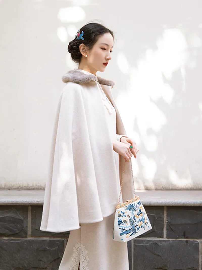 Warm beige long sleeve qipao with lace trim and vintage faux-cashmere fabric