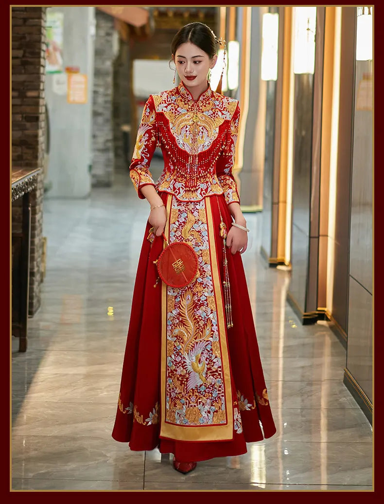 Luxury Embroidered Dragon & Phoenix Bridal Wedding Qun Kwa Set | Regal Gold