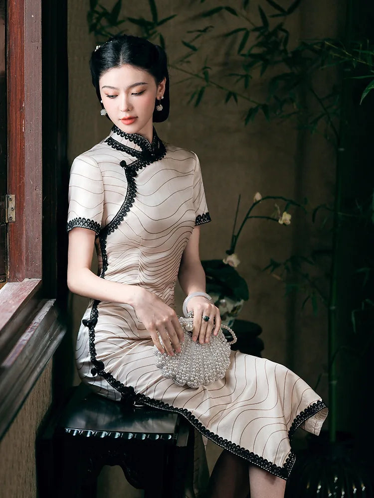 Ivory White Silk Qipao Dress With Black Lace Trim | Midnight Waves