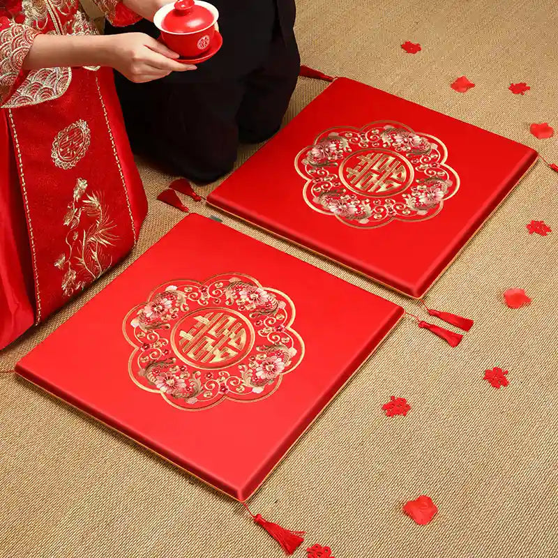 Luxury Red Satin Double Happiness Embroidered  Kneeling Pad/ Cushion Cover /Table Runner
