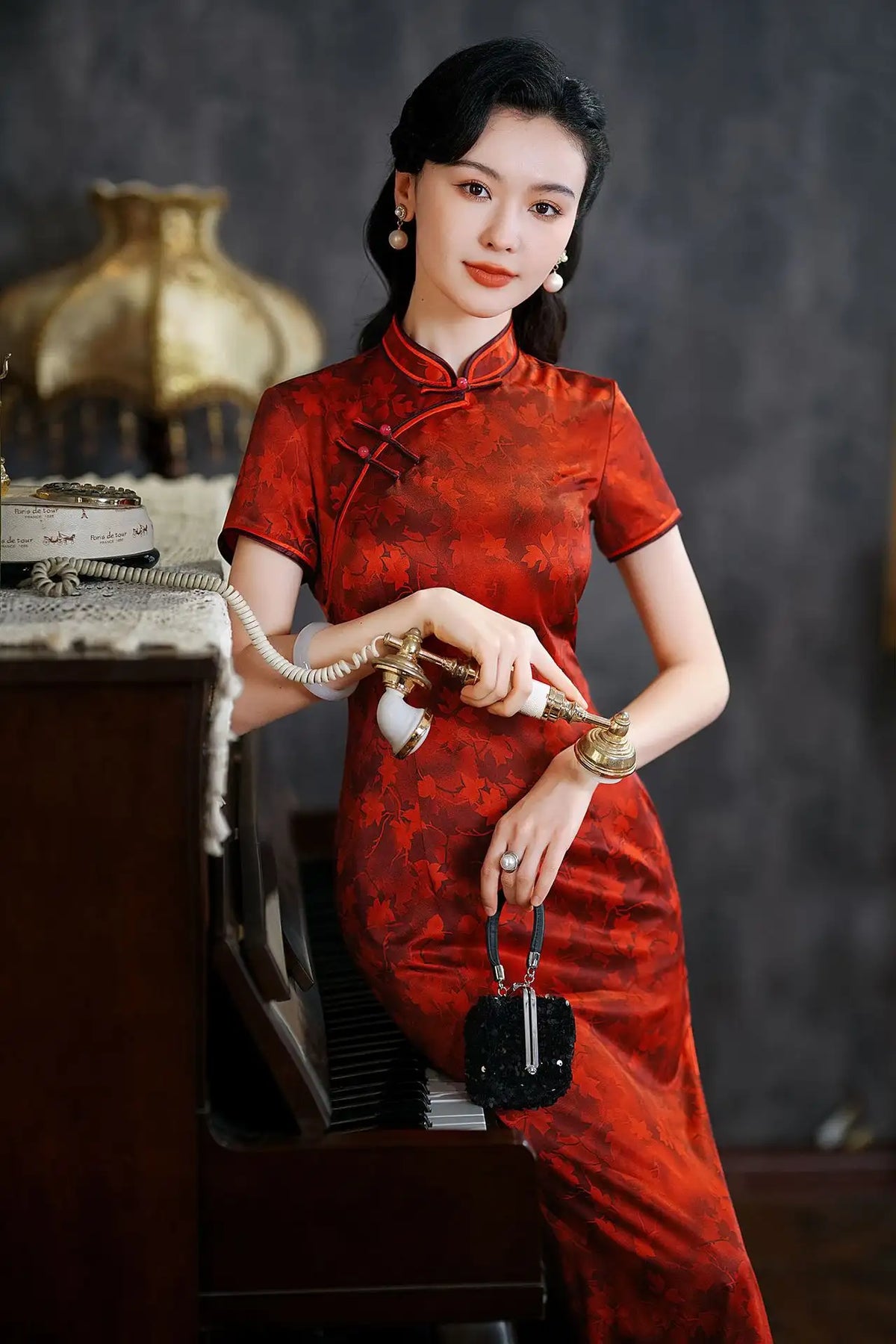 Luxury Red Silk Qipao Dress with Maple Leaves Print