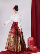 Red woven brocade mamian skirt with Ming-style cloud-shoulder hanfu, traditional Chinese festive dress for wedding toasts and New Year celebrations.