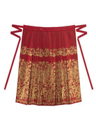 Red woven brocade mamian skirt with Ming-style cloud-shoulder hanfu, traditional Chinese festive dress for wedding toasts and New Year celebrations.