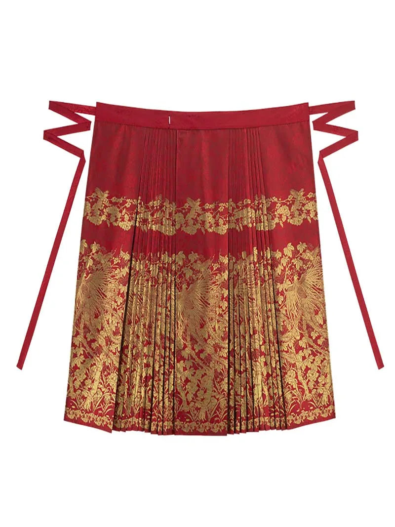 Red woven brocade mamian skirt with Ming-style cloud-shoulder hanfu, traditional Chinese festive dress for wedding toasts and New Year celebrations.