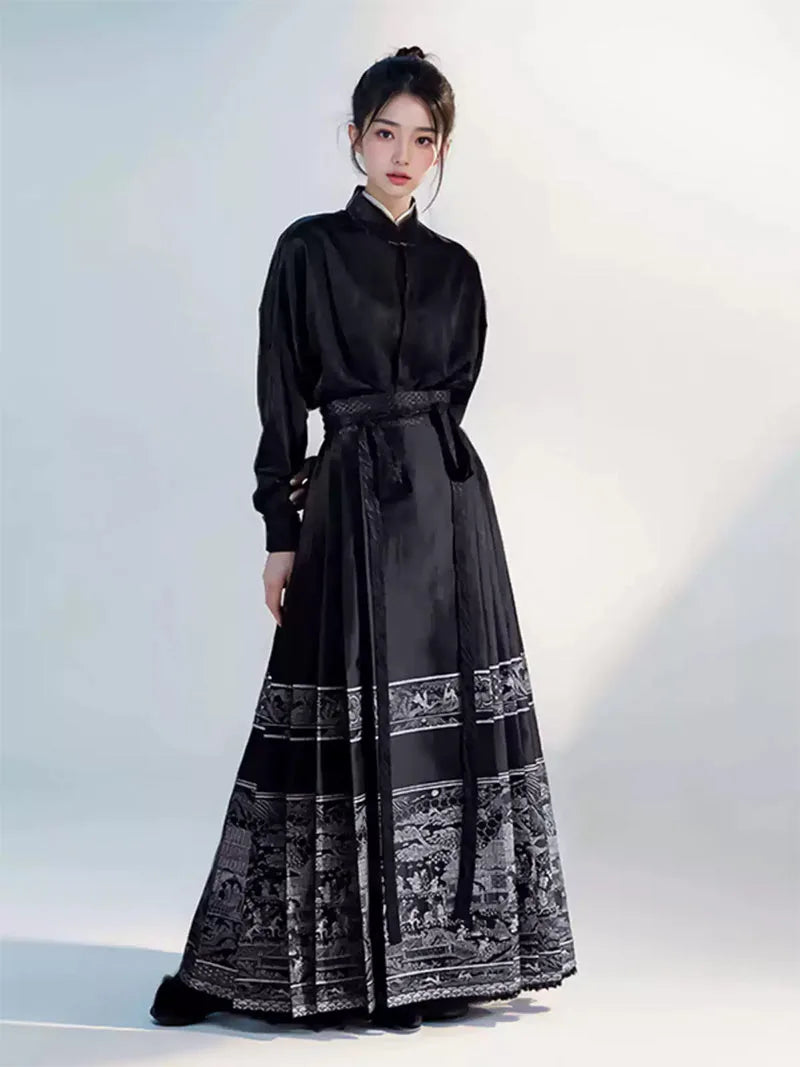 Mamian Skirt two-piece set, modern Ming-style black Hanfu for spring and plus-size womena