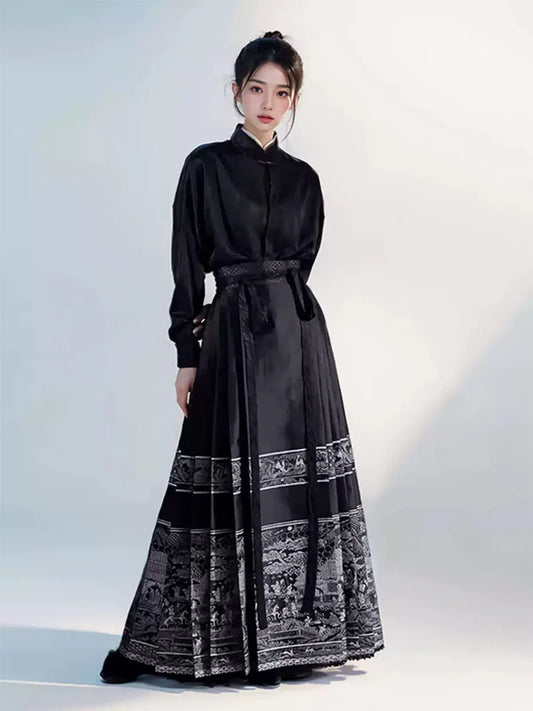 Mamian Skirt two-piece set, modern Ming-style black Hanfu for spring and plus-size womena