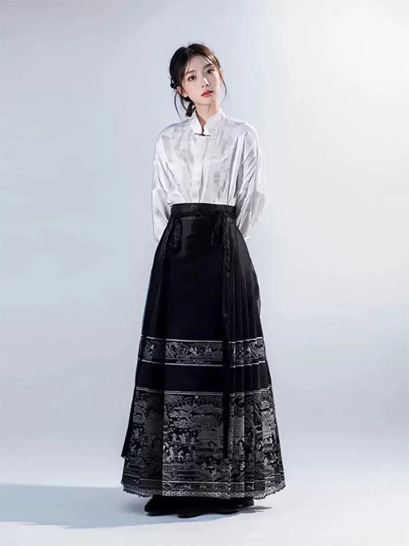 Mamian Skirt two-piece set, modern Ming-style black Hanfu for spring and plus-size womena