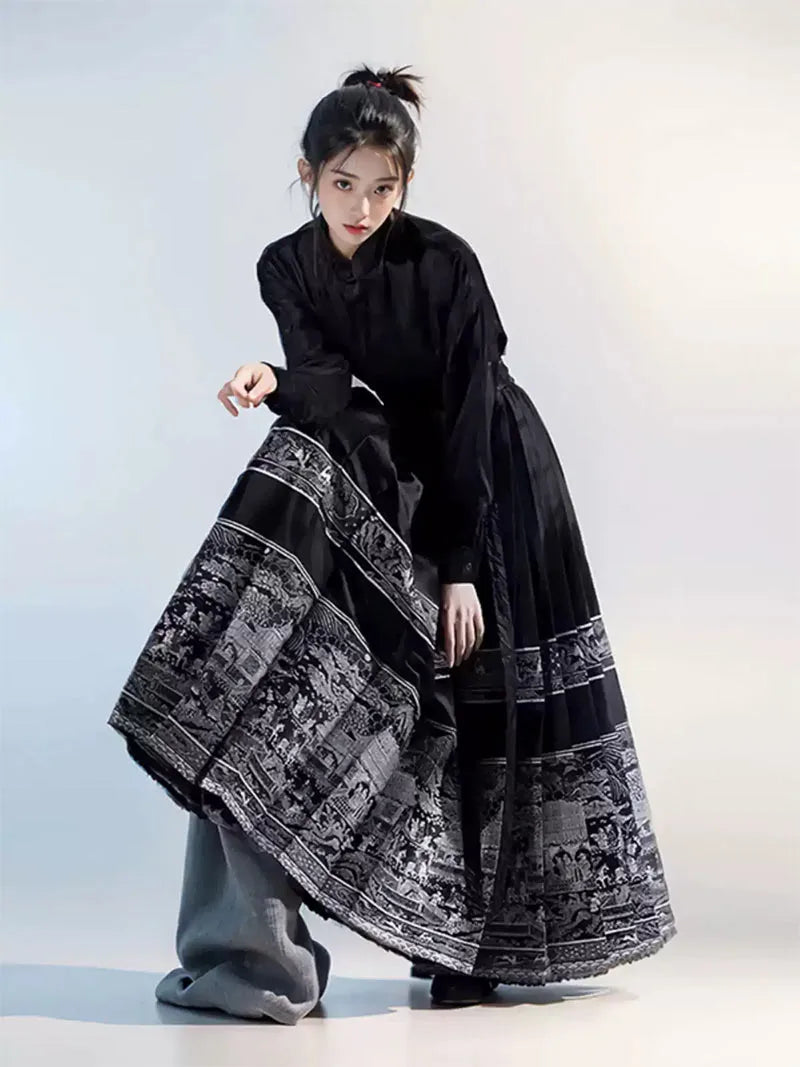 Mamian Skirt two-piece set, modern Ming-style black Hanfu for spring and plus-size womena