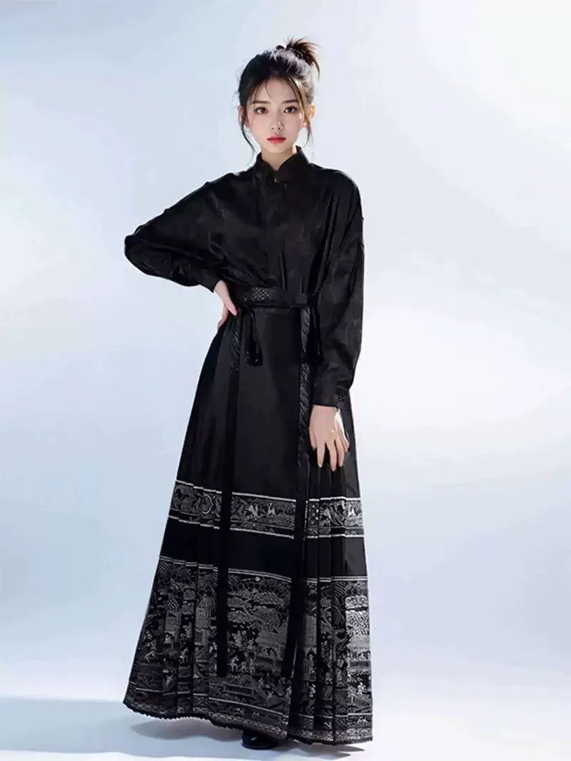 Mamian Skirt two-piece set, modern Ming-style black Hanfu for spring and plus-size womena