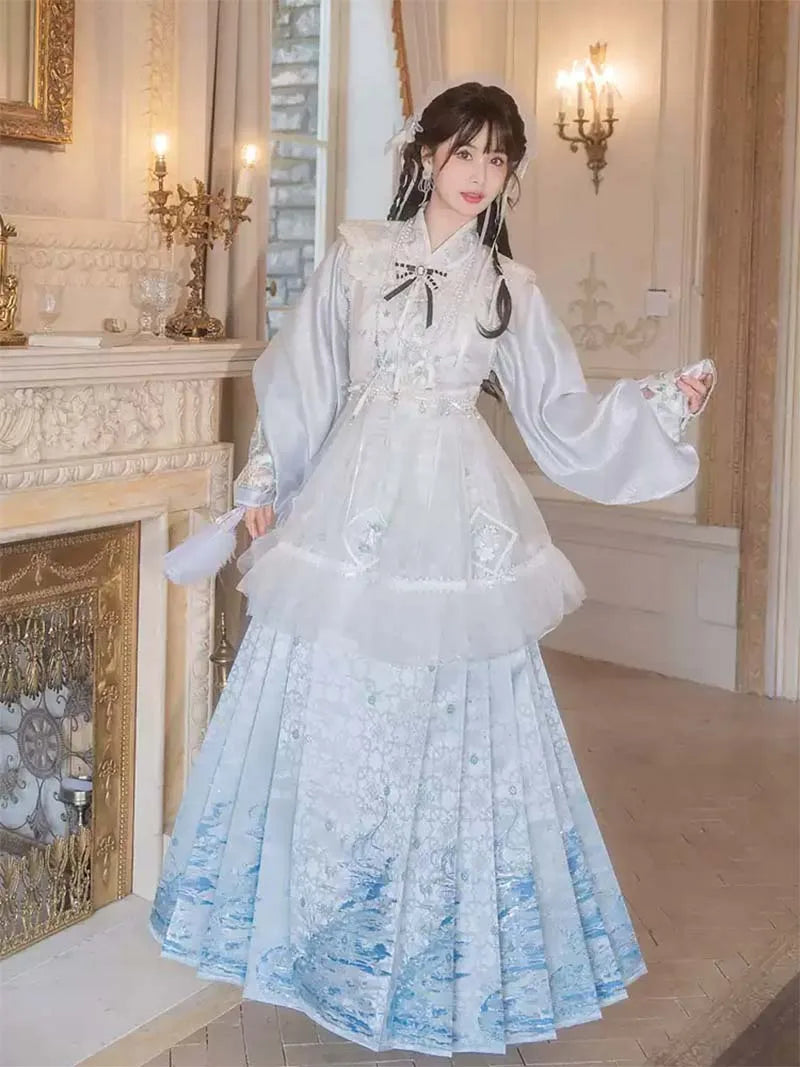 Mamian Skirt Hanfu set with cross-collar Pipa sleeves and overlay skirt, perfect for spring and summer