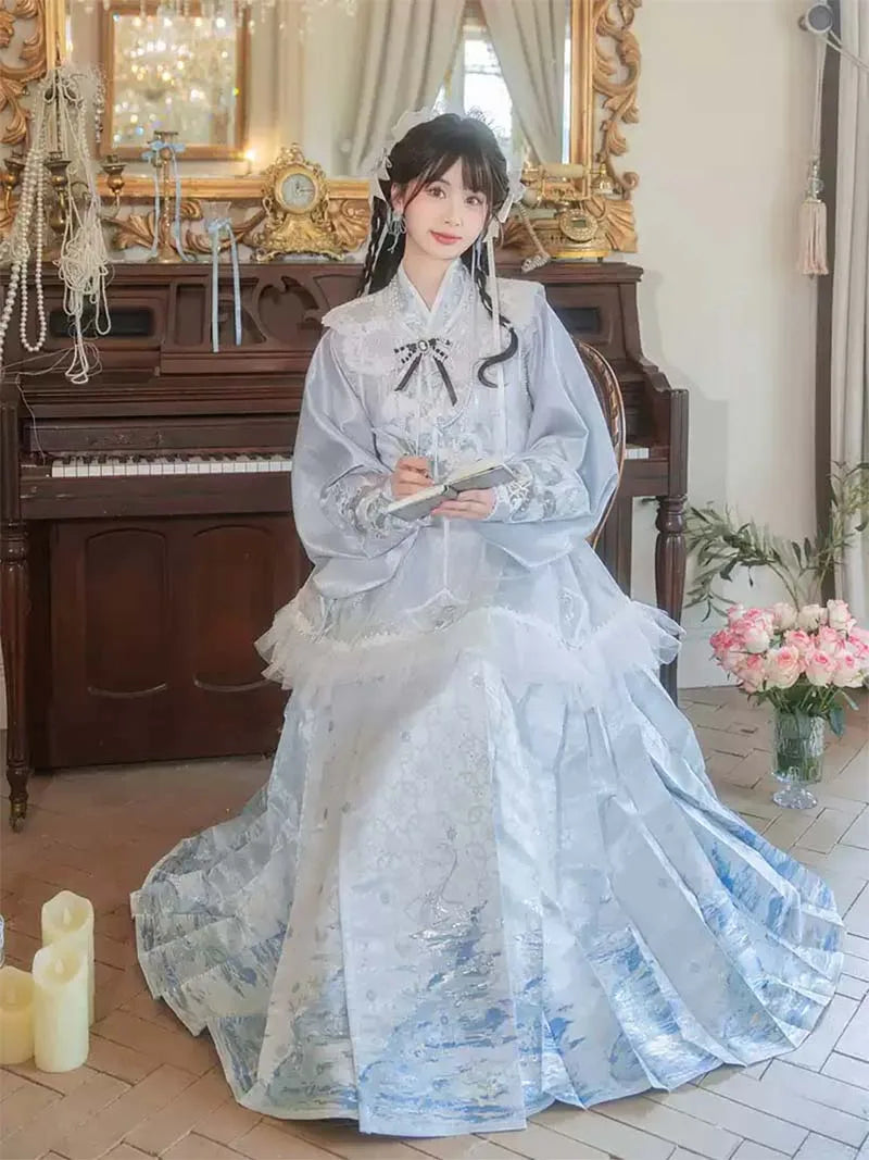 Mamian Skirt Hanfu set with cross-collar Pipa sleeves and overlay skirt, perfect for spring and summer