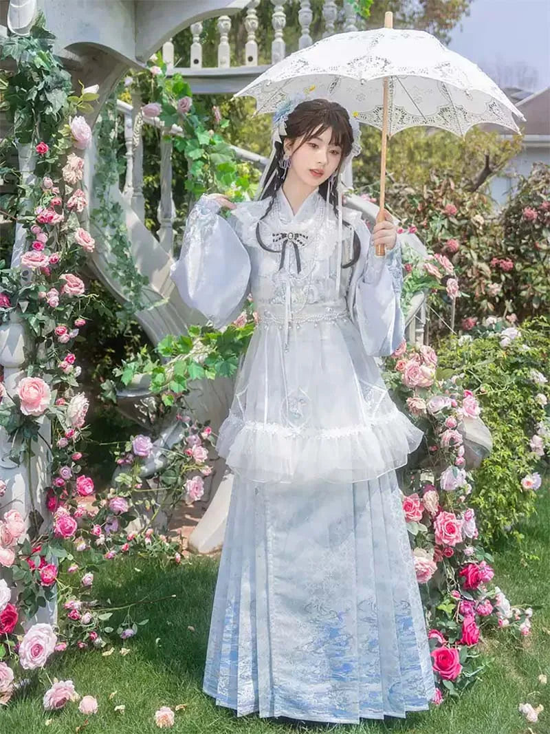 Mamian Skirt Hanfu set with cross-collar Pipa sleeves and overlay skirt, perfect for spring and summer