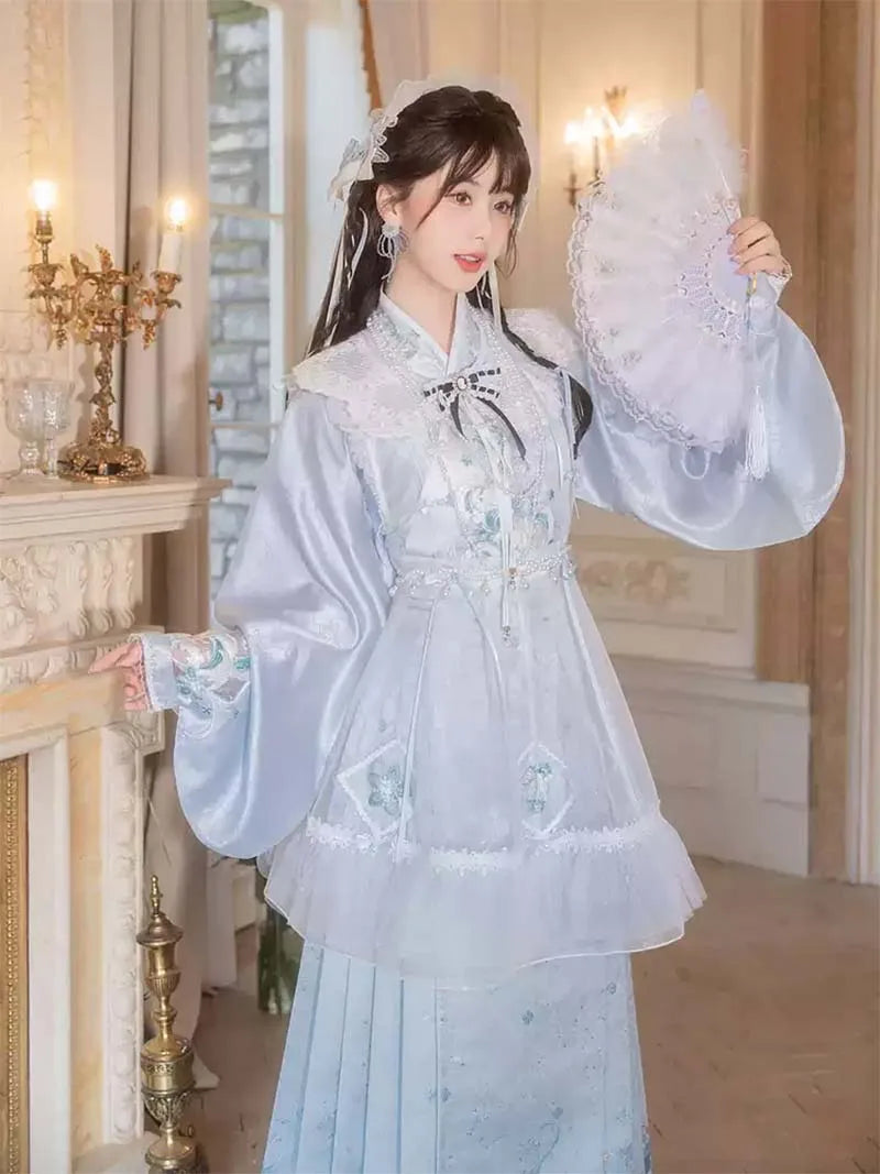 Mamian Skirt | “Sea Song” Original Hanfu Set with Cross-Collar Pipa Sleeves