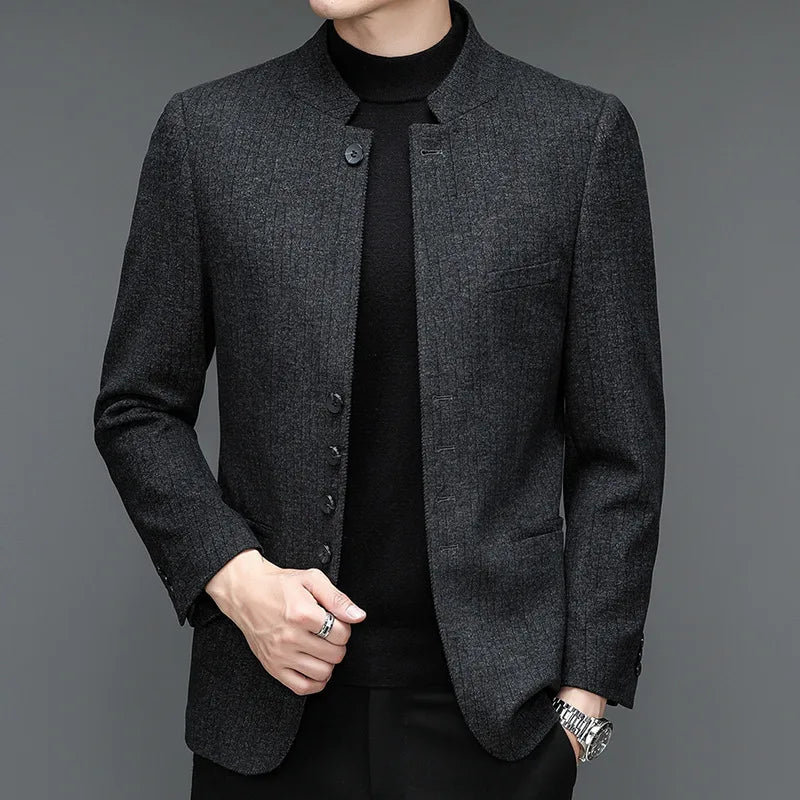 Men's Slim Fit Chinese Zhongshan Suit Jacket-Striped Mandarin Collar Blazer