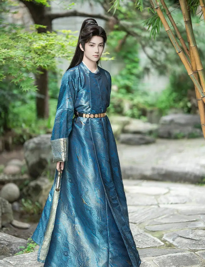 Men’s Tang Dynasty Round-Collar Brocade Hanfu Robe