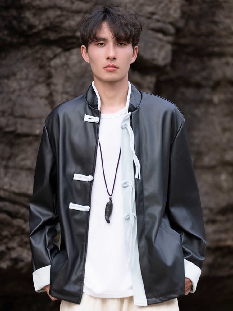 Mens Black Leather Jacket Loose Top Coat
