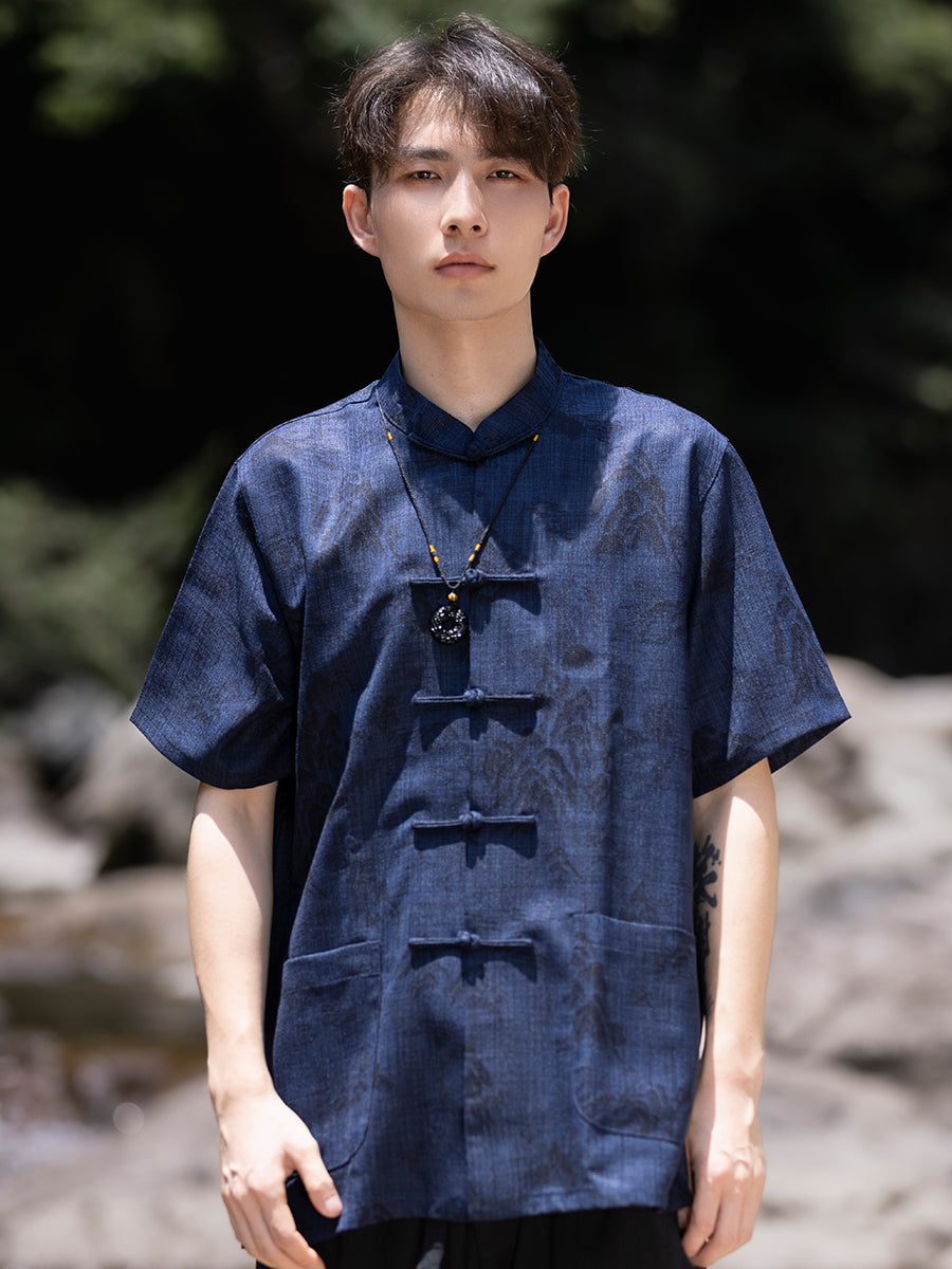 Mens Chinese Shirt Casual Button Short Sleeve Top