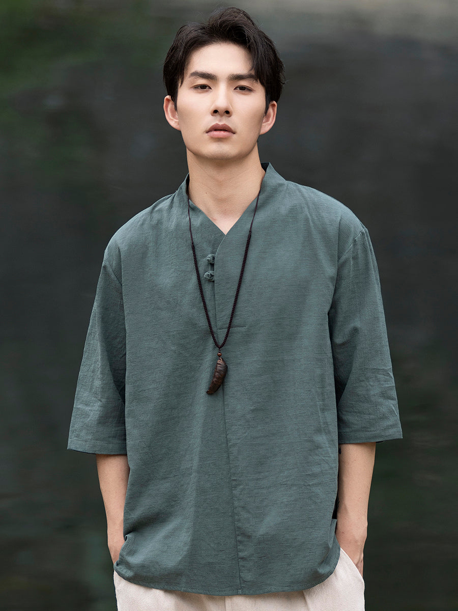 Mens Short Sleeve Linen Shirt Jacquard Tang Suit