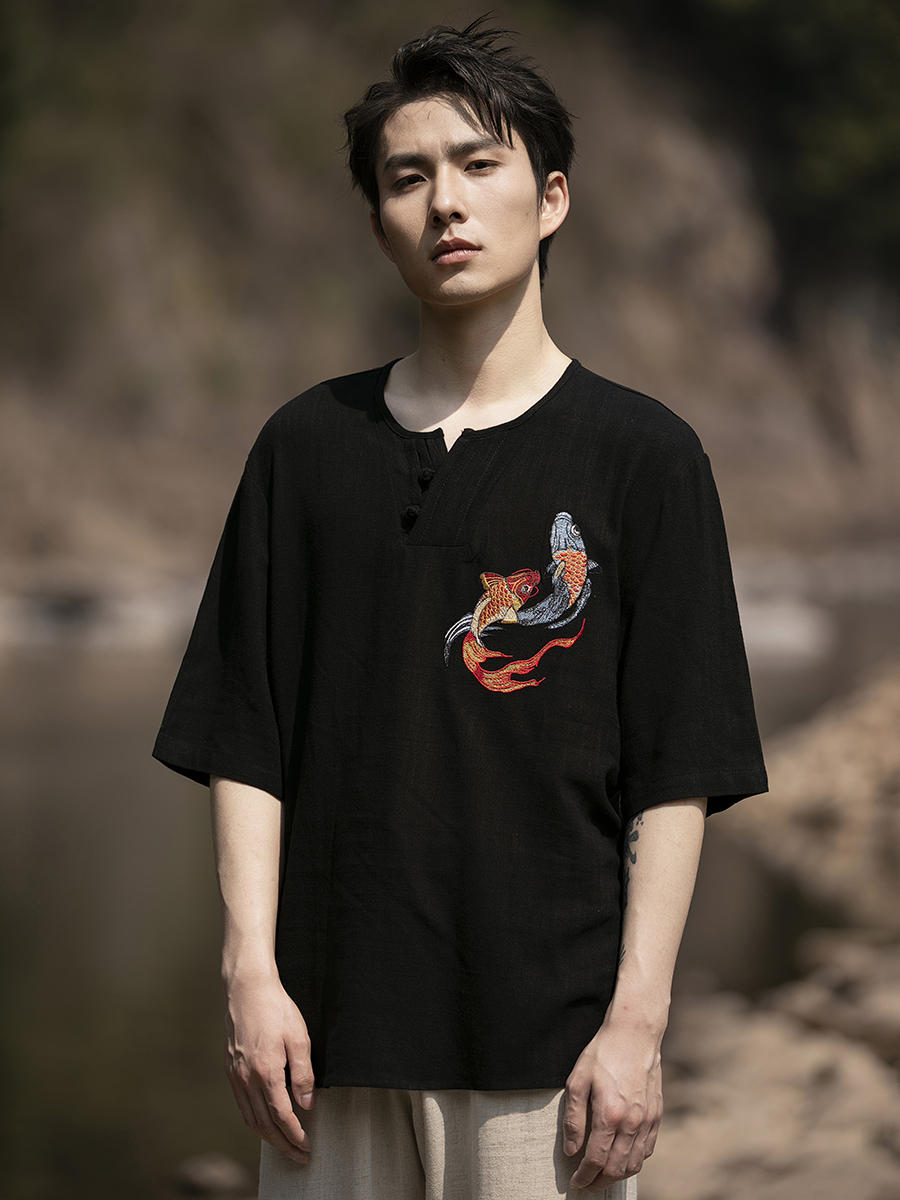 Mens T Shirt  Retro Embroidery Tang Suit Top