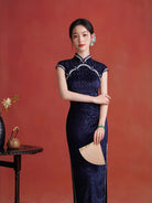 Midnight Navy Blue Sleeveless Velvet Long  Qipao