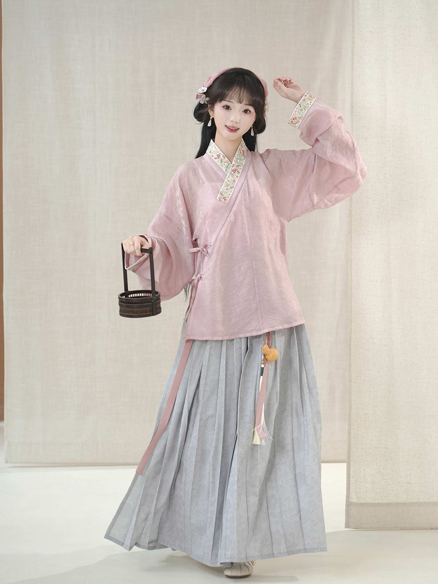 Pink Ming Hanfu 2-Piece Set with Gray Pleated Skirt