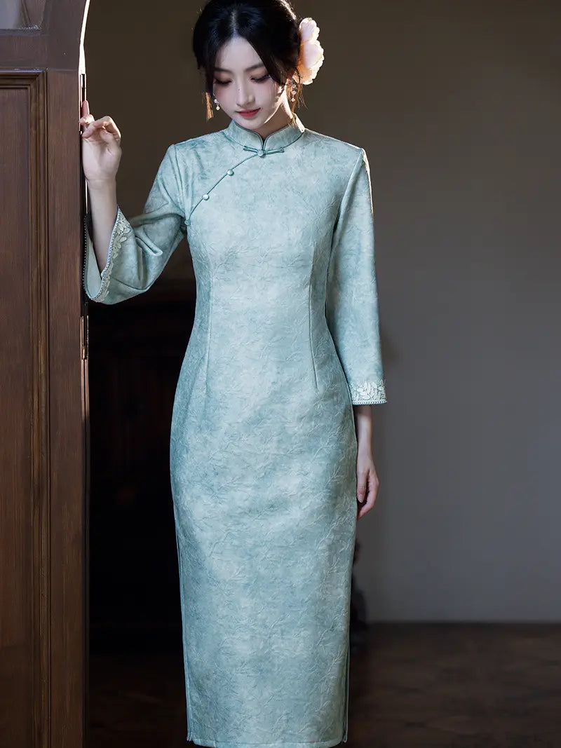 Mint Blue/ Blush Pink Floral Long Bell Sleeve Qipao
