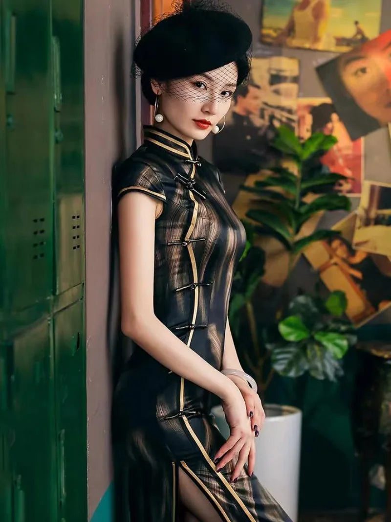 19 mome mulberry silk Modern Cheongsam, High end long black Qipao – Aslin Hanfu