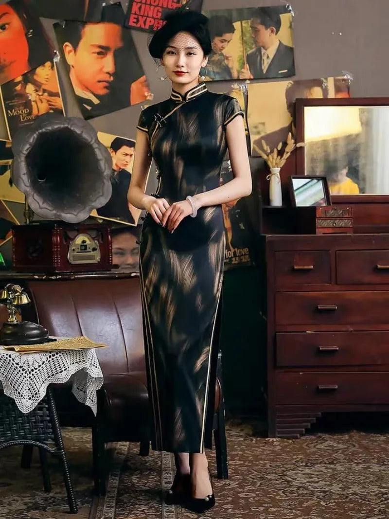 Mulberry silk, High-end long black Qipao dress,Modern-Cheongsam