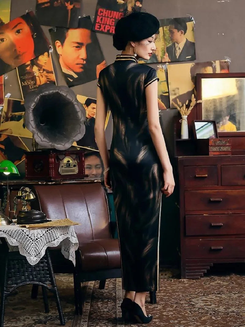 Mulberry silk, High-end long black Qipao dress,Modern-Cheongsam