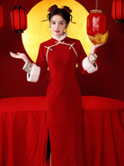 Modern Chinese New Year Qipao with warm fleece lining and elegant red long-sleeve festive design