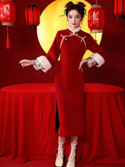 Modern Chinese New Year Qipao with warm fleece lining and elegant red long-sleeve festive design