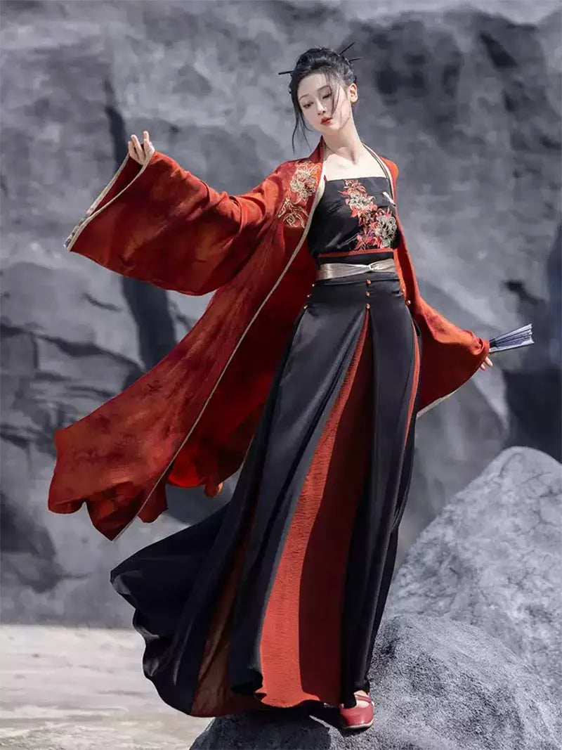 Red and black modern Hanfu straight-sleeve robe with four-panel three-piece skirt, Song-style, cool and slimming
