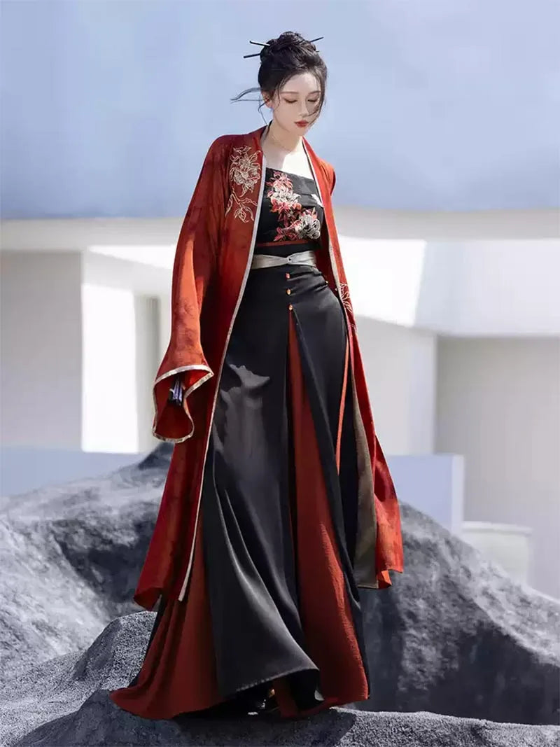Red and black modern Hanfu straight-sleeve robe with four-panel three-piece skirt, Song-style, cool and slimming