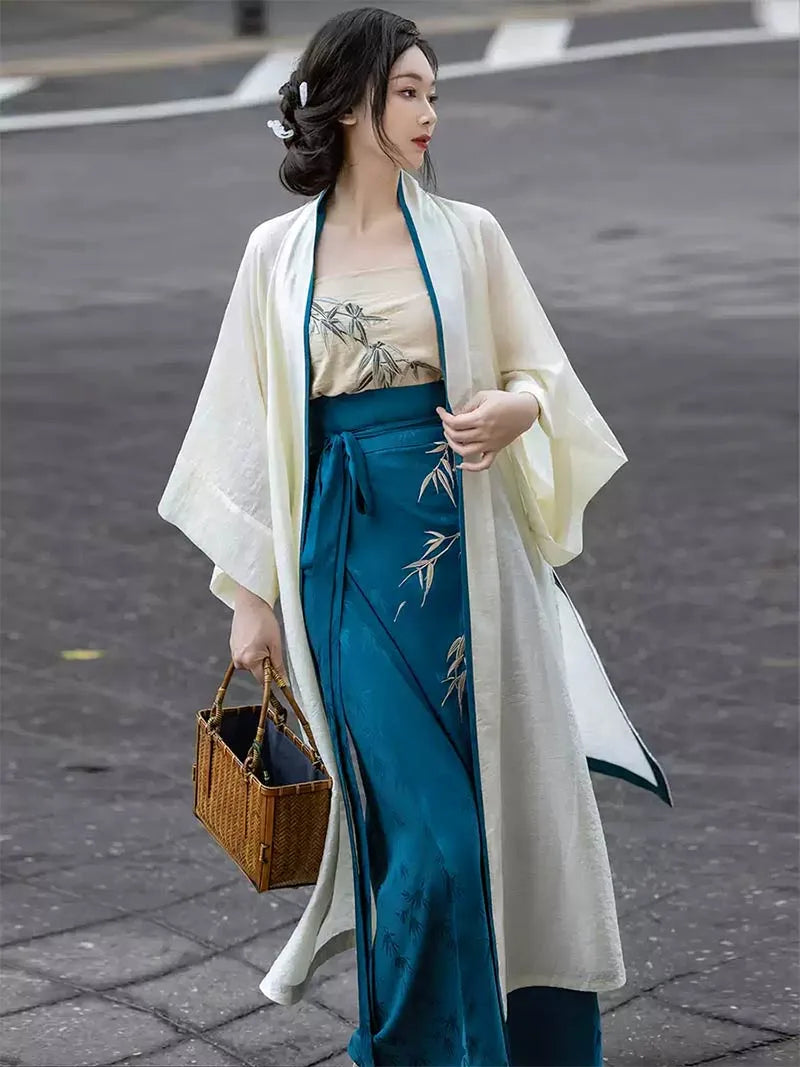 Bamboo-themed modern Hanfu dress, Song-style three-piece set with embroidered Tencel fabric, elegant and daily wear