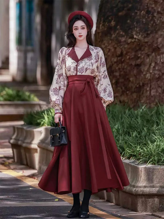 Modern Hanfu Fashion 2025 vintage wine-red vest and pleated skirt for women