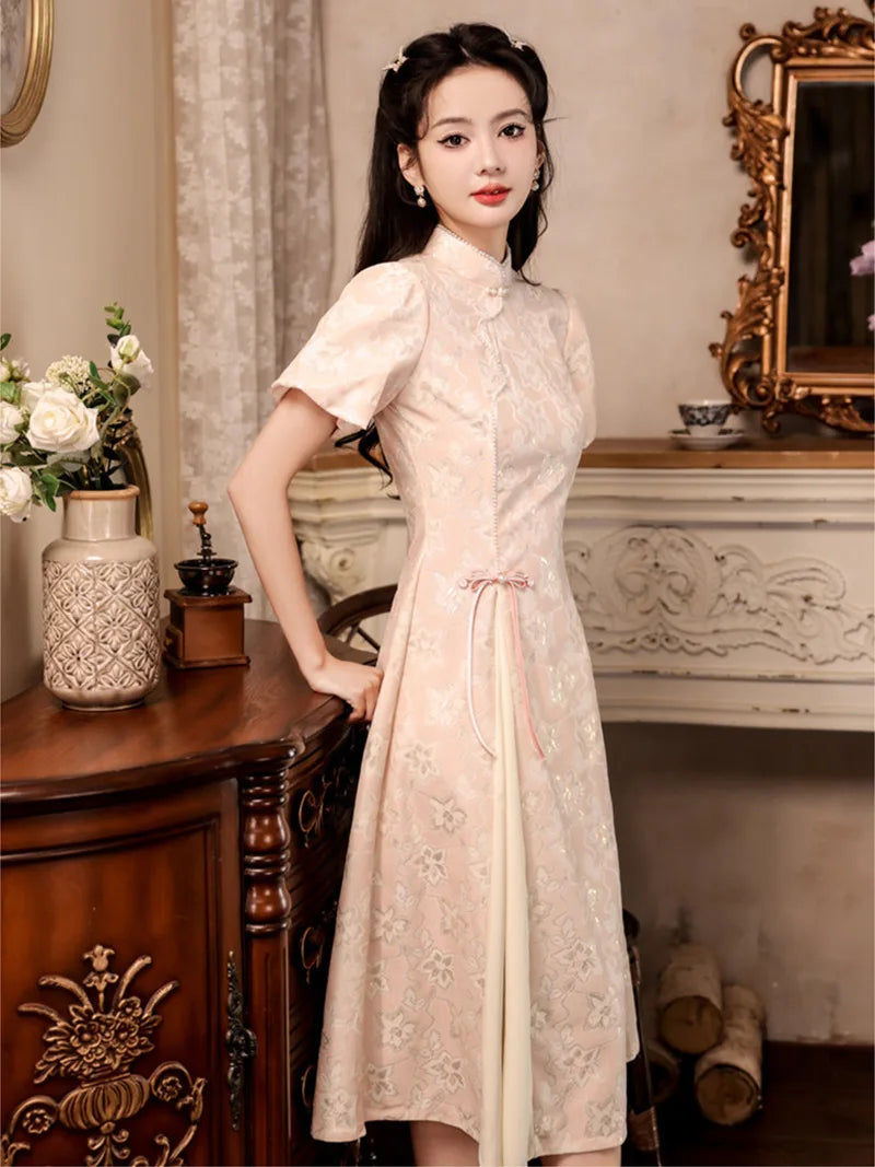 Elegant modern qipao dress in ivory with subtle jacquard texture