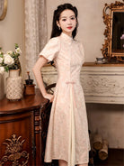 Elegant modern qipao dress in ivory with subtle jacquard texture
