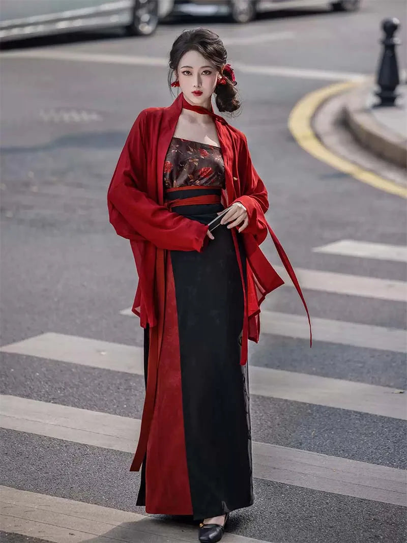 Modern Style Hanfu  red-black Song-style blouse with airplane sleeves and swirling skirt