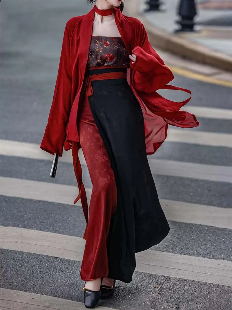 Modern Style Hanfu  red-black Song-style blouse with airplane sleeves and swirling skirt