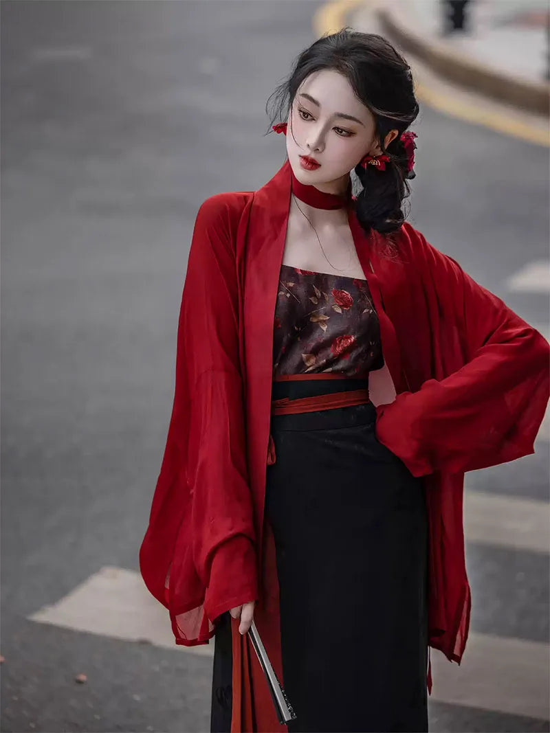 Modern Style Hanfu  red-black Song-style blouse with airplane sleeves and swirling skirt