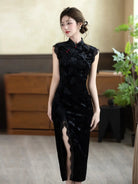 Modern Black Velvet Lace Trim Qipao With Front Slit