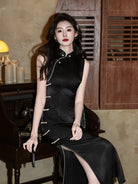 Modern Chinese Black Sleeveless Satin Jacquard Qipao