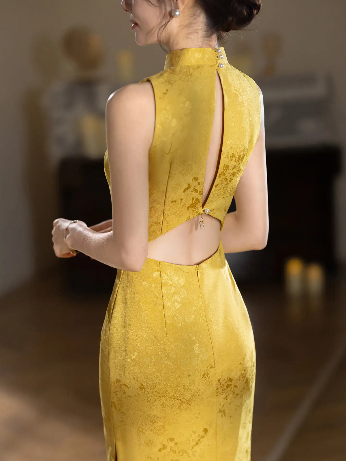 Modern Imperial Gold Open Back Jacquard Qipao Dress
