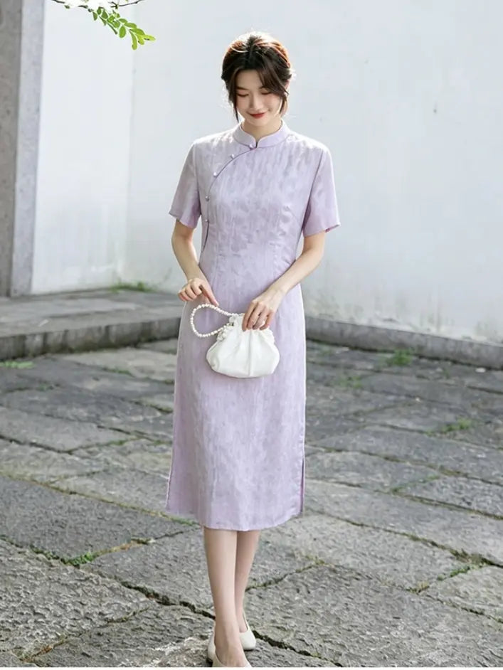 Modern Lavender A-line Short Sleeve Summer Qipao Dress