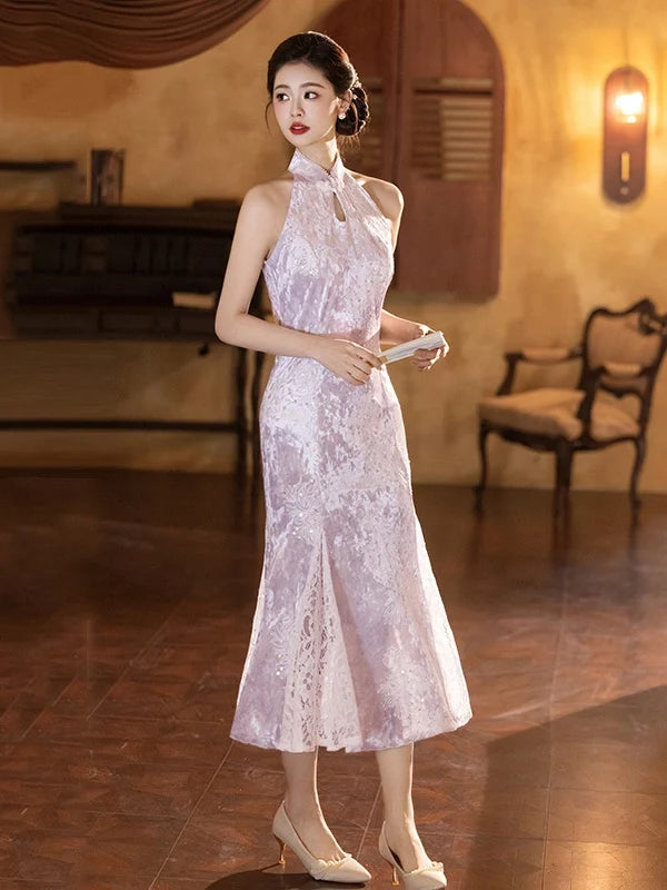 Modern Lavender Sequin Halter Neck Lace Mermaid Qipao