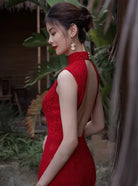 Modern Red Lace Open-Back Qipao Cheongsam Dress